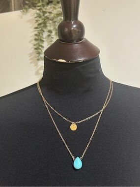 Gold Layered Necklace with Turquoise Teardrop Pendant